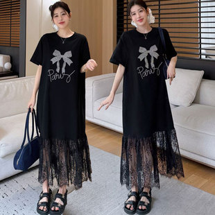 春夏季新款大码女装胖mm宽松显瘦拼接蕾丝裙摆烫钻连衣裙过膝长裙