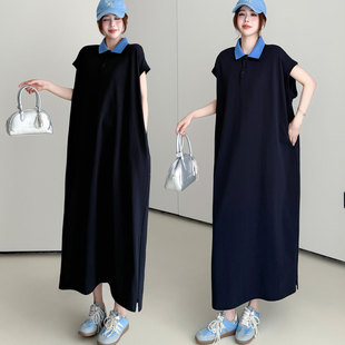 夏季大码女装胖mm显瘦遮肚法式polo领休闲连衣裙长款过膝衬衫裙