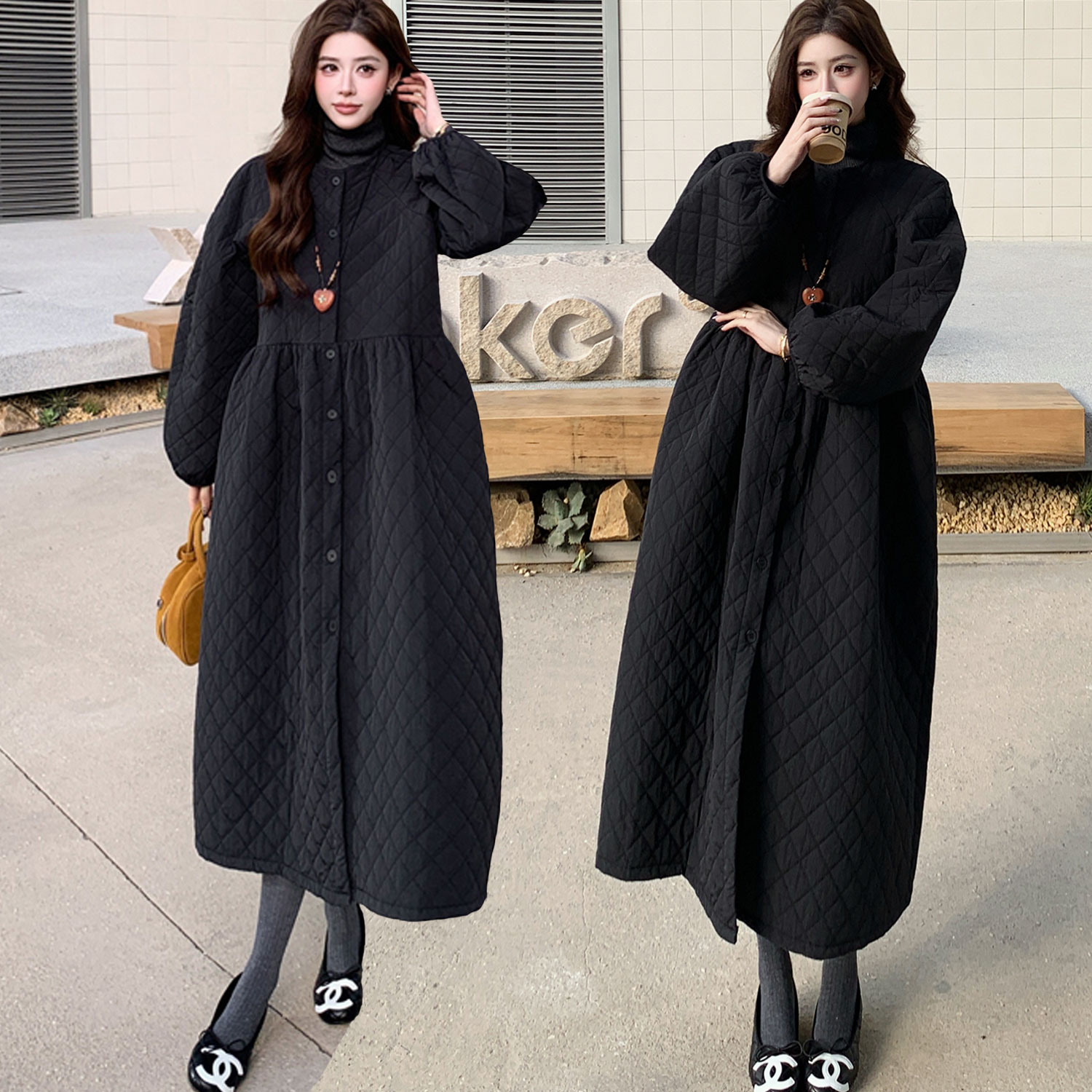 胖mm显瘦菱格连衣裙棉服外套