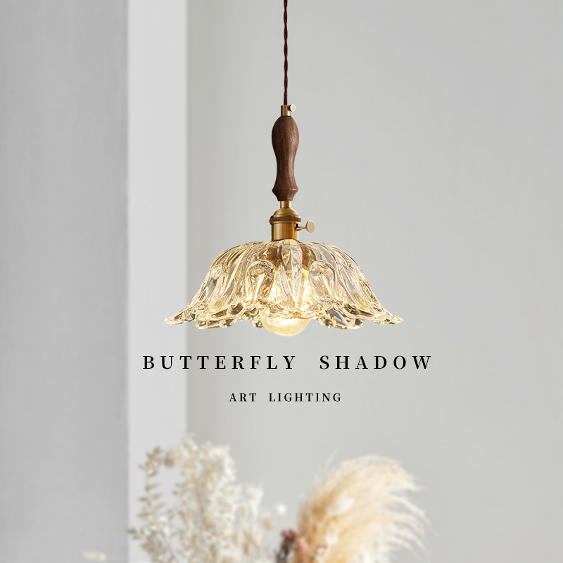 法式花朵玻璃复古胡桃木设计高端餐厅吊灯吧台黄铜灯民宿床头灯具