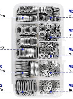 580PCS 304不锈钢垫圈平垫螺丝片 金属加大垫片方垫M2MT3M4M5-M12