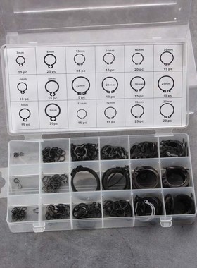 300pc挡圈组套 卡簧开口挡卡外卡 黑色轴用C型挡W圈 组合工具