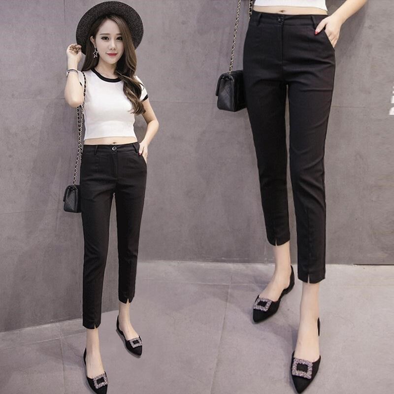 欧洲站女装24夏季黑色九分休闲西装裤修身八分开叉直筒小脚铅笔裤