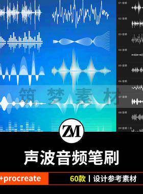 ps笔刷procreate笔刷声波音频率动电磁波线条形音效波形跳动音乐