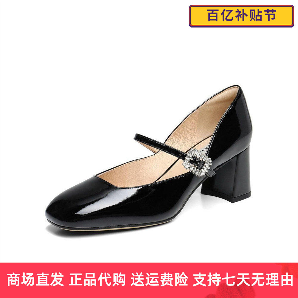 百丽钻带粗高跟玛丽珍鞋