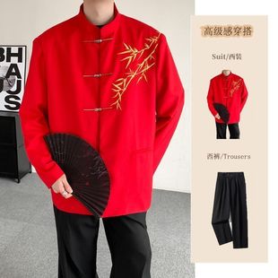 新中式金属扣红色西装男套装过年战袍跨年穿搭垫肩唐装中山装上衣