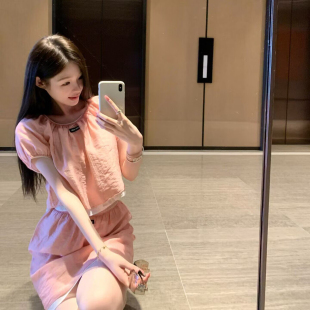 纸片人两件套女夏元气少女甜美减龄假两件网纱衬衫上衣半身裙套装