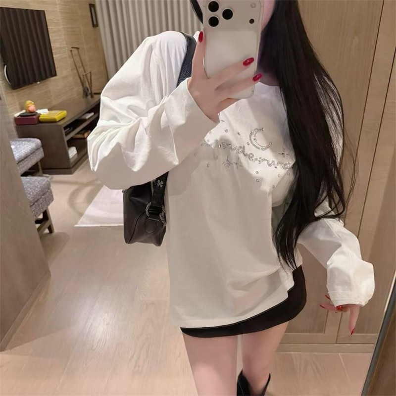 月亮字母重工烫钻长袖T恤女春夏新款韩版宽松中长款打底衫上衣潮