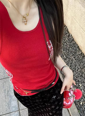 马蹄梵文印花红色长款吊带女夏季新款两穿纯欲辣妹修身显瘦背心