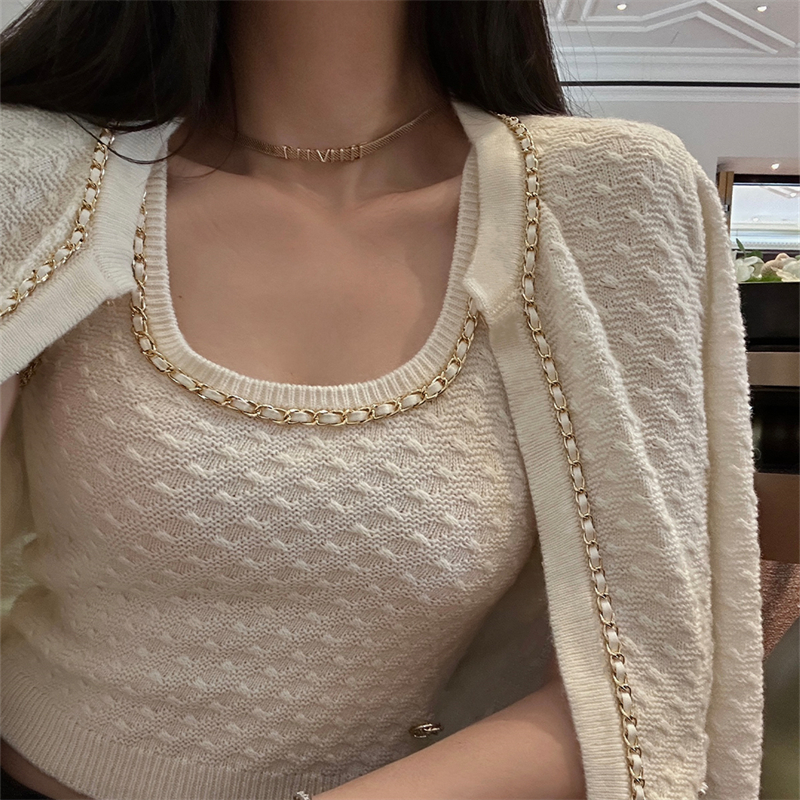 樊樊 手缝链条小香针织背心女秋季小众高级感针织长袖开衫上衣潮