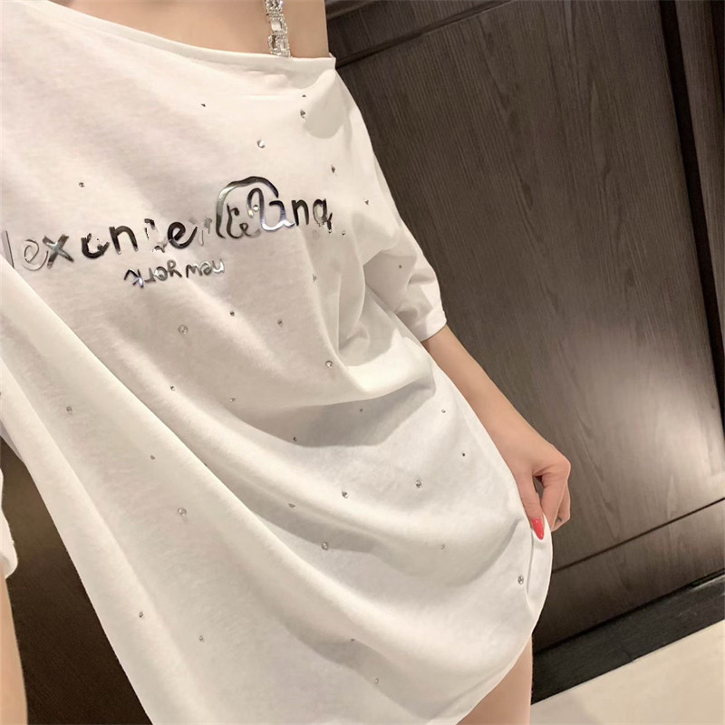 夏季新款字母钻钻镭射斜肩短袖T恤女ins纯欲设计感宽松显瘦上衣潮