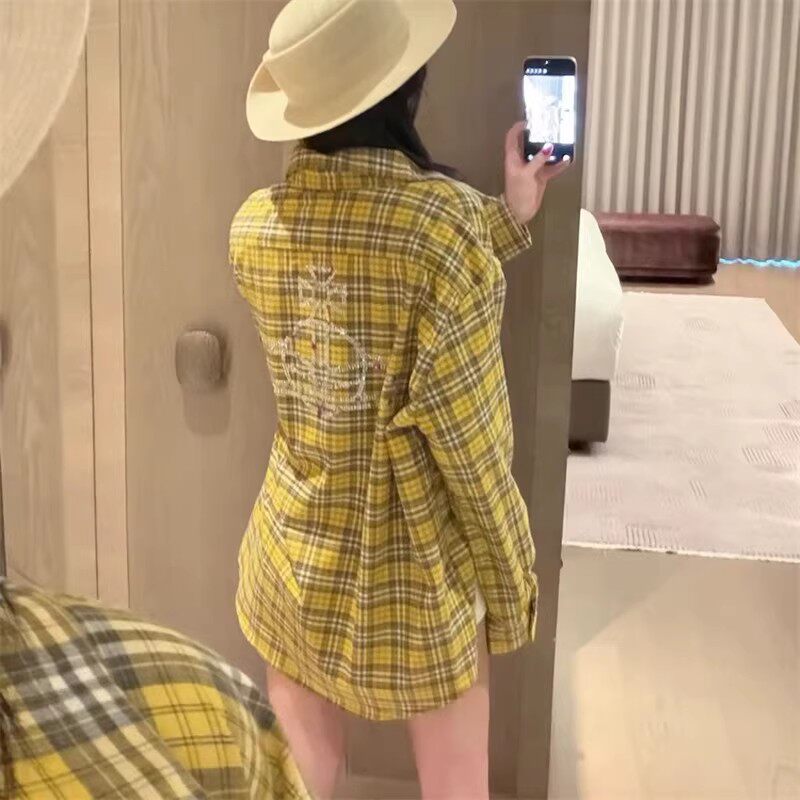 星球重工彩色烫钻格纹衬衫女春夏新款韩版宽松中长款情侣防晒上衣