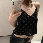 纯欲辣妹修身 十字架v领镂空黑色性感丝绒背心女夏季 新款 显瘦吊带