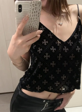 十字架v领镂空黑色性感丝绒背心女夏季新款纯欲辣妹修身显瘦吊带