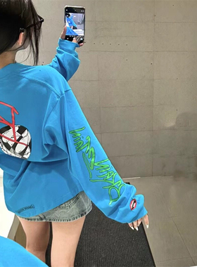 多巴胺蓝色梵文印花涂鸦长袖T恤女春秋潮牌小众宽松慵懒情侣上衣