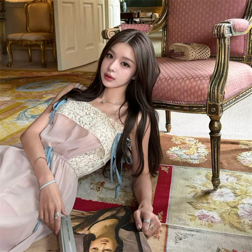 「boudoicore」娇柔浪漫 朦胧微透s1p系带蕾丝拼接雪纺长裙