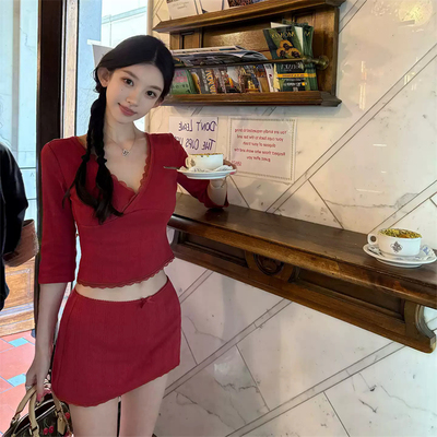 「美式sweety」明媚活力 100棉提花交叉领七分袖T恤+半身裙
