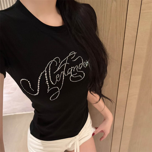 字母重工烫钻短袖T恤女夏季新款小众修身显瘦纯欲弹力设计感上衣