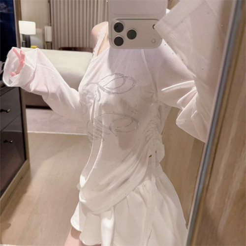 字母烫钻满天星闪闪抽绳薄款长袖T恤女夏季纯欲设计感休闲防晒衫
