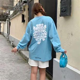 梵文宝剑印花奶蓝长袖T恤女夏季韩版减龄小众设计感宽松防晒上衣