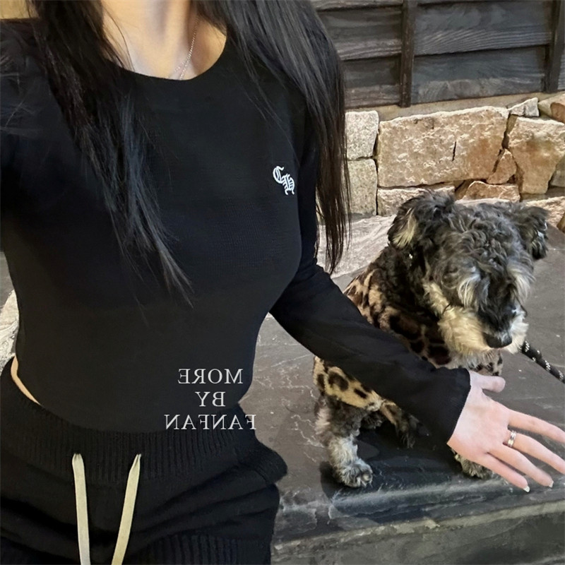 华夫格梵文撞色刺绣短款长袖T恤