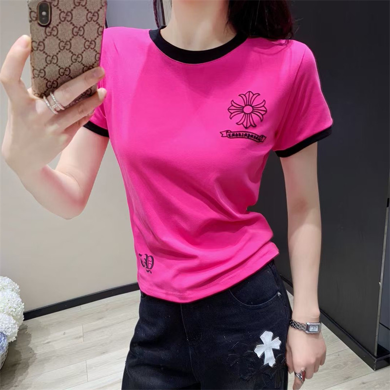 马蹄梵文印花撞色短袖T恤女春夏新款修身显瘦正肩打底衫纯欲上衣
