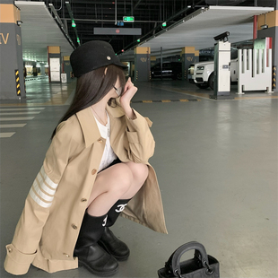 条纹撞色学院风中长款 外套女春秋设计感小众设计感洋气减龄风衣潮