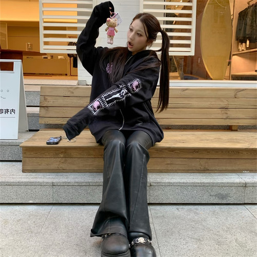 宝剑卡通辣妹印花连帽卫衣男女秋冬新款拉链开衫美式复古显瘦外套 - 封面
