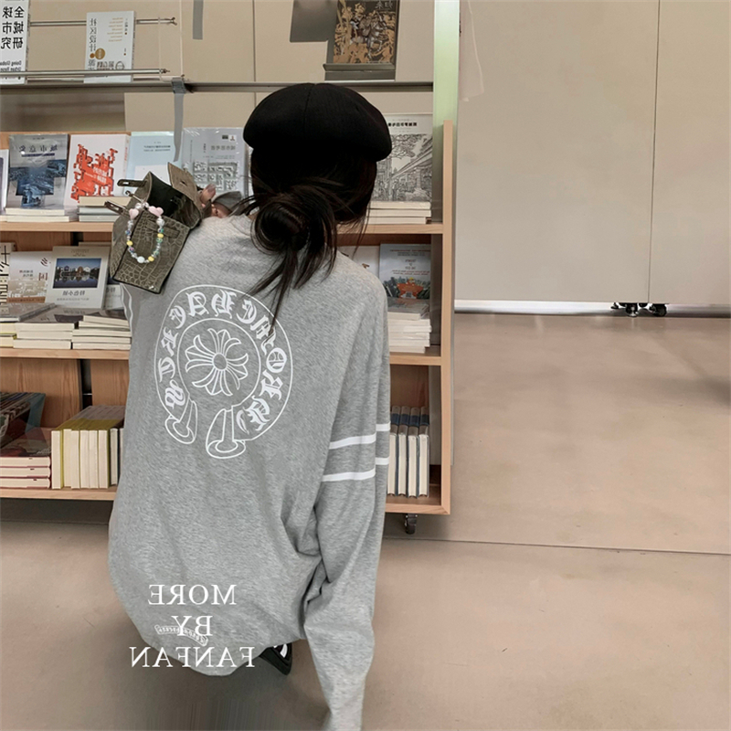 马蹄梵文印花长袖T恤女春秋小众