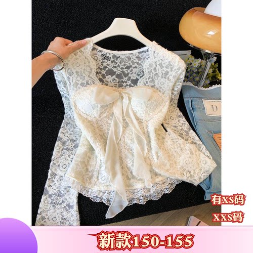 155小个子新款秋装150cm女装加小码XXS打底蕾丝衫方领蝴蝶结飘带