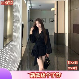 小矮个子加小码秋装新款女装新款XXS飘带雪纺长袖连衣裙收腰a字裙
