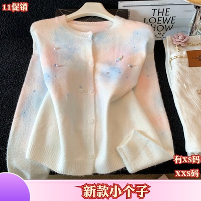 秋季150cm新款矮个子女装加小码XXS印花针织开衫上衣单排扣外套