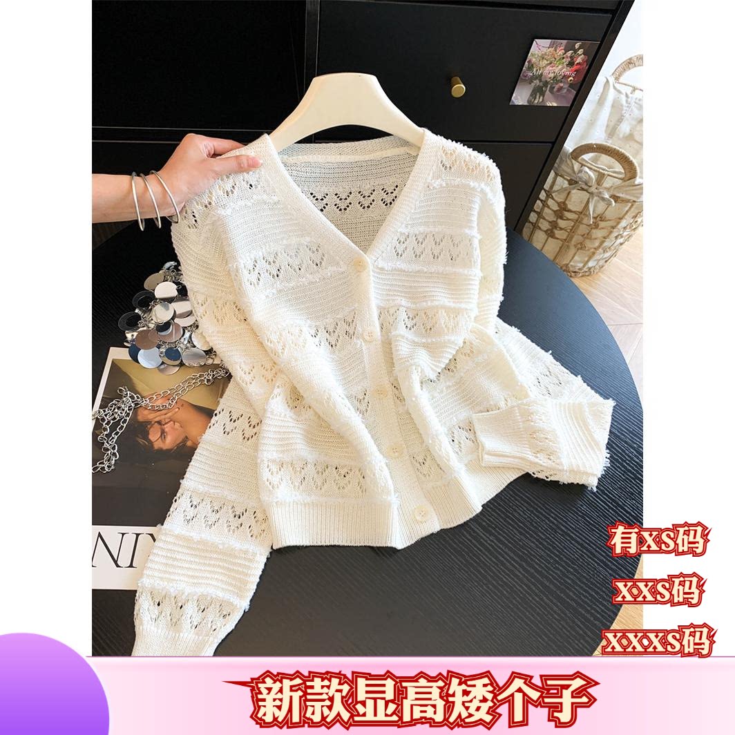加小码女装秋装XXXS矮个子150cm显高镂空针织开衫女毛衣条纹上衣