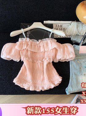 夏装女装小个子150cm显高加小码XXXS一字肩吊带短袖衬衫雪纺短款