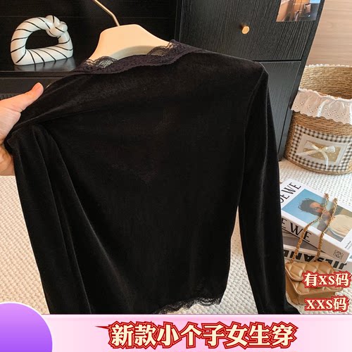 加小码女装秋装XXS小个子150cm新款V领长袖蕾丝拼接打底衫上衣