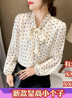 春装150cm155小个子显高XXXS女装2026波点蝴蝶结系带衬衣长袖雪纺