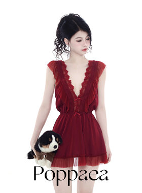 Poppaea法式深V性感睡裙露背收腰蕾丝吊带连衣裙睡衣家居服红色