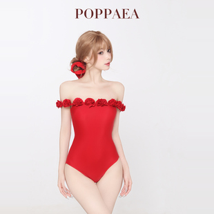 红色显白显瘦 Poppaea度假泳衣女夏新款 时尚 性感泳装 一字肩法式