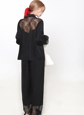 Poppaea法式轻奢时尚烫钻蕾丝拼接长袖长裤睡衣女家居服套装红色