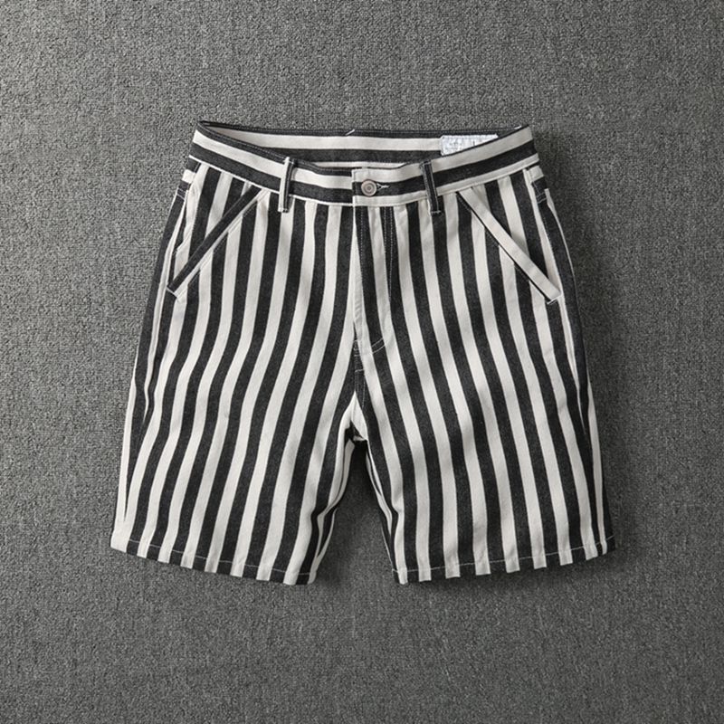 美式复古海魂条纹短裤夏季潮流男士重水洗宽松直筒纯棉工装五分裤