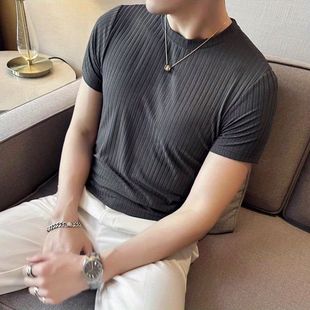 短袖 韩版 冰丝薄款 T恤男夏季 体恤 修身 潮流帅气弹力上衣百搭打底衫