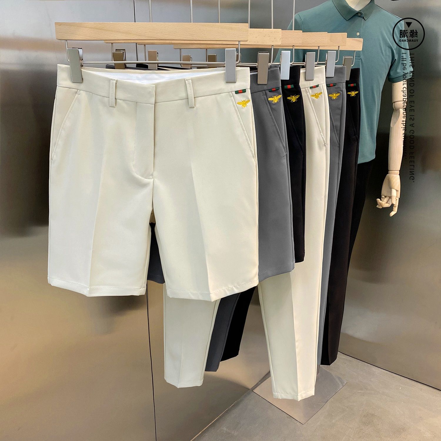 夏天韩版小蜜蜂刺绣五分西裤男士修身复古百搭抗皱免烫短款休闲裤