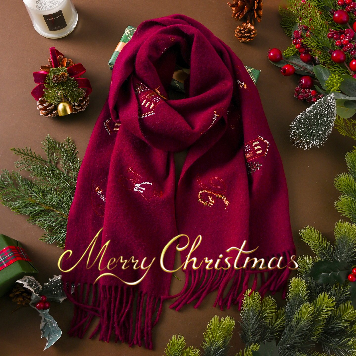 圣诞礼物高级红色围巾送女友礼盒