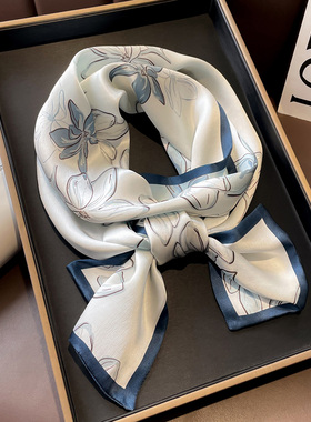 蓝色真丝长条丝巾女2025新款搭西装系脖高级感桑蚕丝细窄围巾飘带