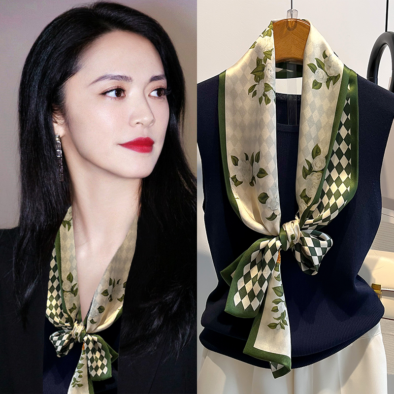 碎花真丝长条丝巾秋冬女细窄围巾