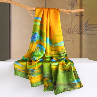 千里江山图真丝围巾送礼妈妈杭州丝绸缎面长巾桑蚕丝丝巾披肩礼盒