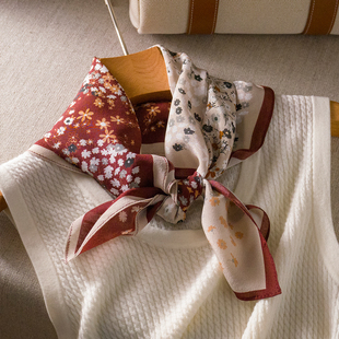 拼色花海真丝双绉65方巾丝巾系脖高级感女春季红色护颈小围巾薄款