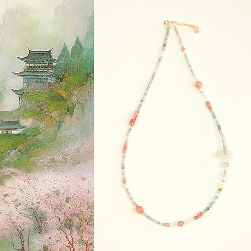 「芳菲」原创国风新中式草莓粉绿水晶和田玉项链清新甜美女生礼物