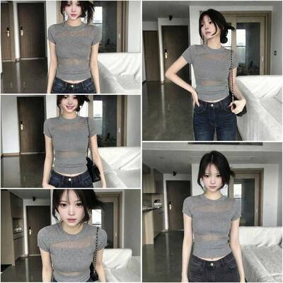 灰色镂空冰丝针织短袖t恤女夏季设计感辣妹修身显瘦正肩短款上衣