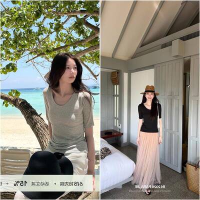 Para Jie诗杰 柔光裸感 柔雾蚕丝修身中袖针织T女夏气质百搭上衣